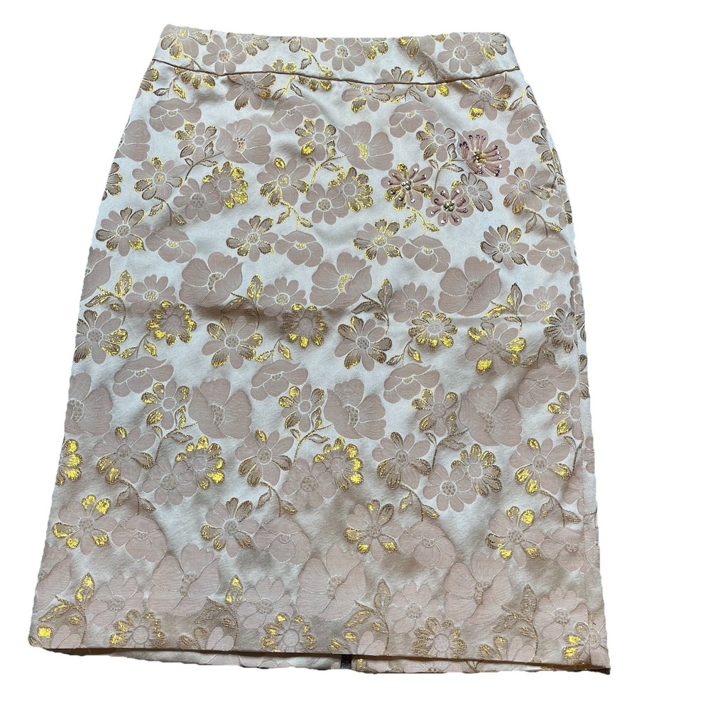 Banana Republic Pink Gold Metallic Silk Brocade Floral Pencil Skirt 6 Holiday